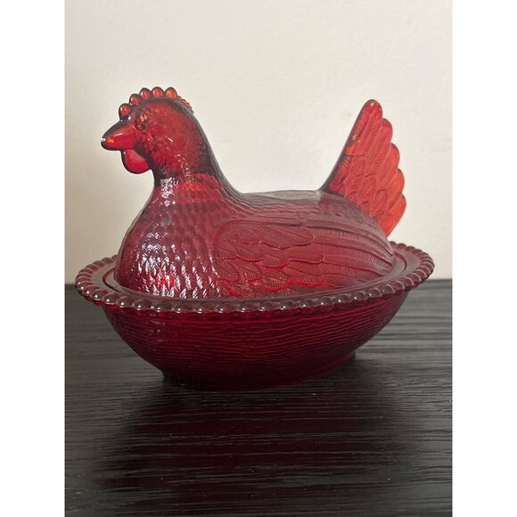 VTG Indiana Glass Ruby Red Glass Hen on Nest Dish Flashed Painted Farmhouse MCM - Picture 3 of 14